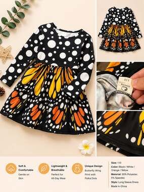 Girls Long Sleeve Monarch Butterfly Print and Polka Dot Swing Dress
